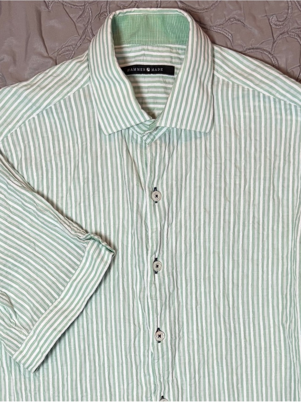 Hammer Made Men's Shirt Sz Medium/15.5 Button Short Sleeve Green Striped Cotton